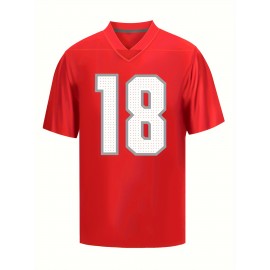 Men'S #18 V-Neck Sports Jersey - Polyester, Embroidered, Breathable, Short Sleeve Shirt for Running, Training, Hiking, Casual & Festive Occasions, Universal Fit for Adult & Male - Red