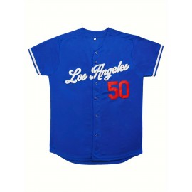 Letter And Number 50 Embroidery, Men'S Short Sleeve V-neck Baseball Jersey, Comfy Top For Training And Competition