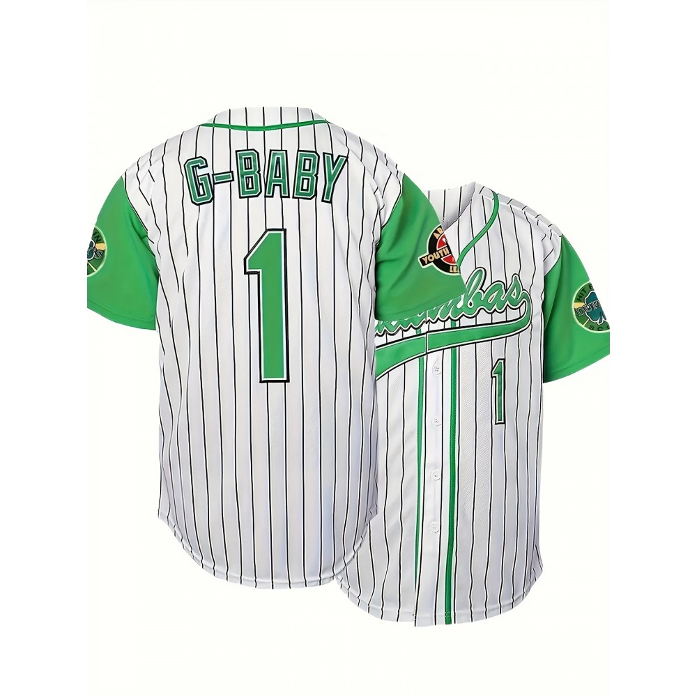 Men'S #1 Striped Baseball Jersey, 100% Polyester V-Neck Short Sleeve T-Shirt with Lettering, Breathable Knit Fabric for Sports & Casual Wear, Loose Fit Button-Up Top for All Seasons