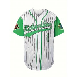 Men'S #1 Striped Baseball Jersey, 100% Polyester V-Neck Short Sleeve T-Shirt with Lettering, Breathable Knit Fabric for Sports & Casual Wear, Loose Fit Button-Up Top for All Seasons