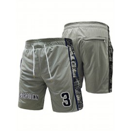 Men'S #3 Letter Embroidery Fashion Stretch Sports Basketball Shorts, Breathable Quick Drying - Ideal For Basketball, Running, Tennis, Golf, Beach, Outdoor Activities