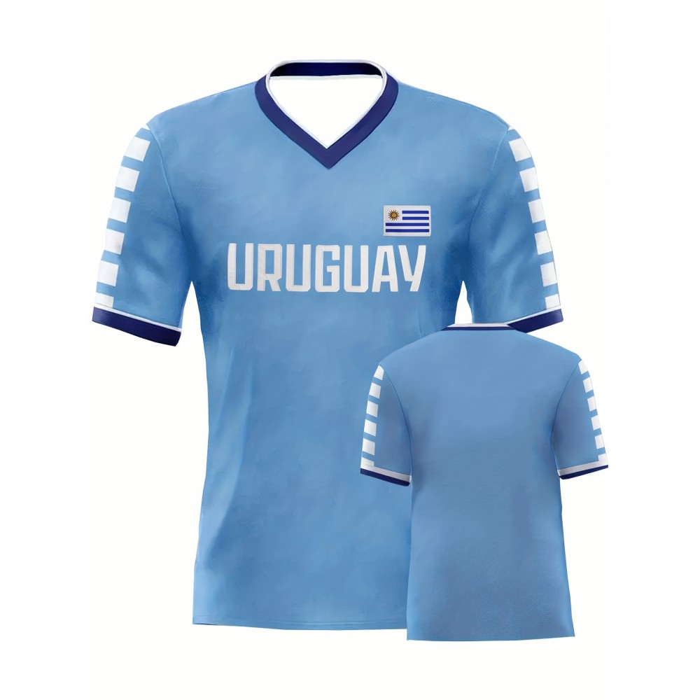 Men'S URUGUAY Embroidery Football Jersey T-shirt - Breathable V-Neck Pullover Short Sleeve Uniform for Soccer Training, Competition, Perfect for Party Events