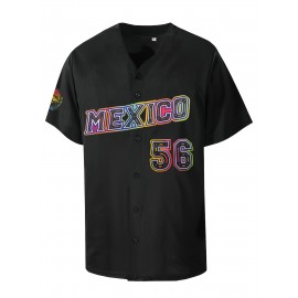Men'S Classic #56 Mexico Baseball Jersey - Vibrant Retro Embroidery, Breathable Polyester, Short Sleeve V-Neck with Button Closure - Ideal for Training, Competition & Casual Wear
