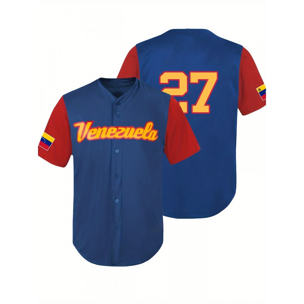 Men's Venezuela #27 Retro Baseball Jersey - Color Block V-Neck Button-Up Shirt with Flag Design, Loose Fit Breathable Fabric for Training, Competition & Casual Wear (All-Season), Event Clothing, Sporty Look, Detail