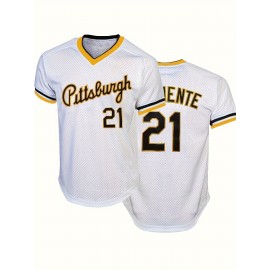 Men's Pittsburgh #21 Baseball Jersey - Retro V-Neck Breathable Short Sleeve Shirt, Loose Fit for Training, Competition & Casual Wear, All-Season Machine Washable Sportswear, Quality Sportswear
