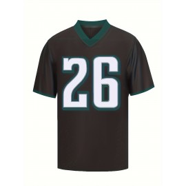 Men'S Black # 26 Breathable Rugby Shirt, Sports V-Neck Short Sleeved Training Shirt, Classic Embroidered American Rugby Shirt