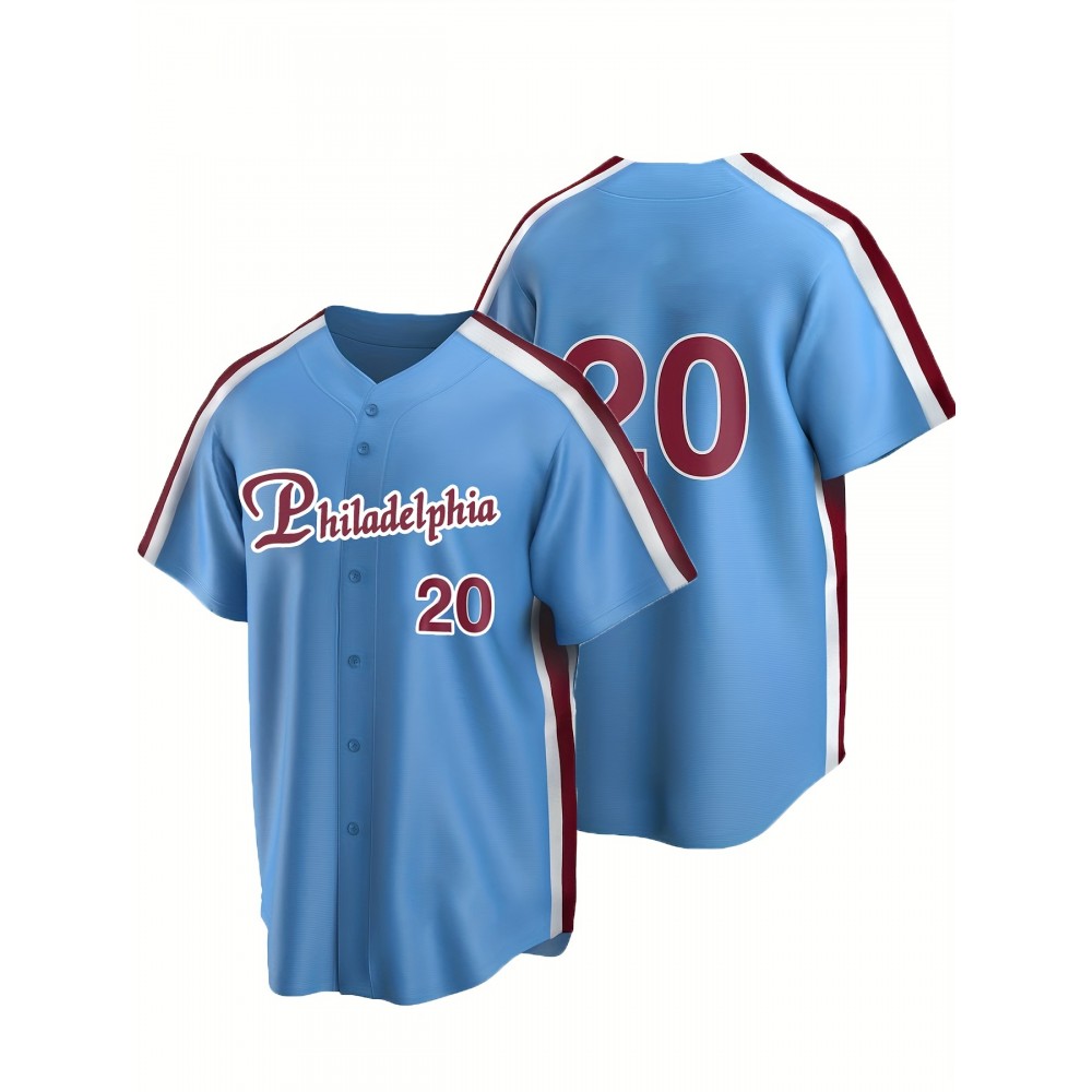 Men'S #20 Blue Baseball Jersey, Classic Retro Letter Embroidery Design Breathable Short Sleeve Shirt For Training