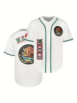 1pc Men'S Polyester V-Neck Baseball Jersey with Embroidered Mexican Design, Loose Fit Button-Up Top for Casual, Sports, Training, Hiking & Outdoor Activities, All-Season Comfort