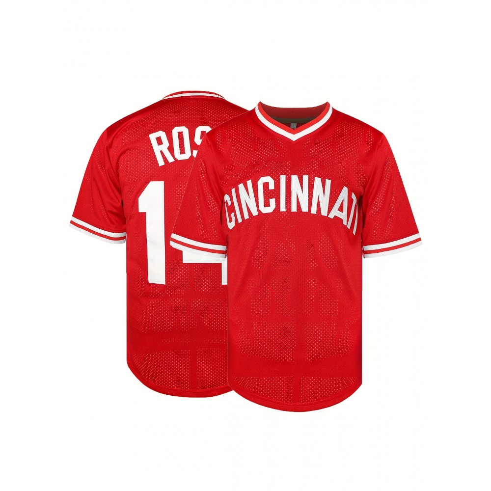 Men'S Breathable Baseball Jersey With Embroidered #14 & ROSE Design, 100% Polyester V-Neck Short Sleeve Shirt