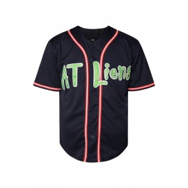 Men's Navy Blue Embroidered Baseball Jersey - V-Neck Loose Fit Polyester Sportswear with AT Liens & Number 96 Design, Machine Washable for All-Season Casual, Sports, Training, Parties, Sports Attire, Sporty Look, Durable Sportswear