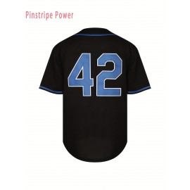 Men's #42 Black Loose Fit Baseball Jersey - V-Neck Button-Up Shirt with Pinstripe Design for Training, Sports & Casual Wear (Sizes S-3XL)