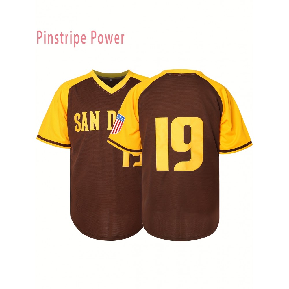 Men's San Diego Letter & Number 19 Baseball Sweatshirt - Brown V-Neck Polyester Pullover, Loose Fit for Casual Team Sports, Outdoor Activities & Parties (Sizes S-3XL), Sports Pullover | Sporty Design | Durable Sportswear
