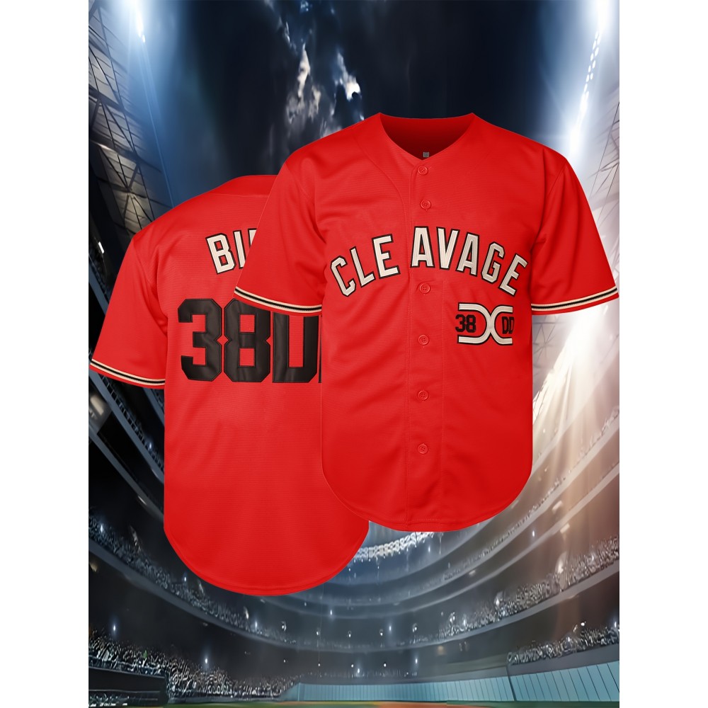 Cleveland #38 Embroidered Baseball Jersey - Red V-Neck Button-Up Shirt, Polyester, Sizes S-3XL, Loose Fit for Sports, Casual & Outdoor Activities