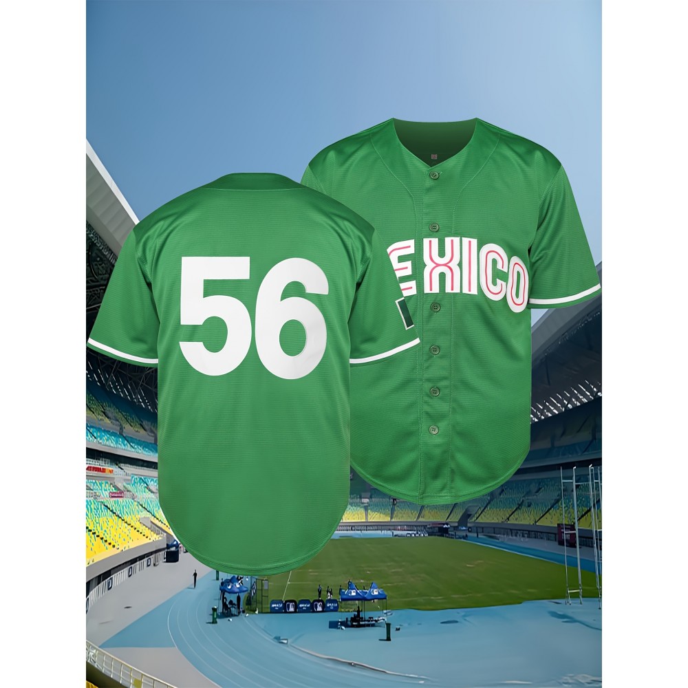Men's #56 Mexico Baseball Jersey - Vibrant Green with Red & White Stripes, Polyester, V-Neck, Button-Up, Sizes S-3XL - Perfect for Sports Training & Casual Wear