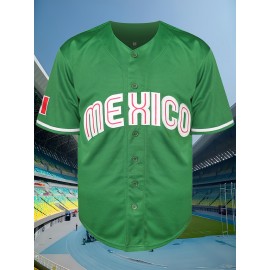 Men's #56 Mexico Baseball Jersey - Vibrant Green with Red & White Stripes, Polyester, V-Neck, Button-Up, Sizes S-3XL - Perfect for Sports Training & Casual Wear