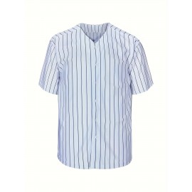 Men's V-Neck Striped Baseball Jersey with Embroidery - Comfortable, Breathable Polyester for Training & Competition, Short Sleeve, Comfy Top