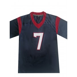 Men'S Blue #7 V-Neck Rugby Shirt, Breathable Polyester Sports Top, Classic Embroidered American Football Jersey, Loose Fit for Training, Running, Hiking & Outdoor Activities, All-Season Wear