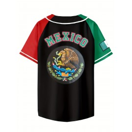Men's Mexican Style Baseball Jersey - Retro Mexico Letter & Eagle Patriotic Design, Breathable V-Neck Button-Up Shirt with Raglan Sleeves, Loose Fit for Sports, Parties & Casual Wear, Cultural Event Attire, Detailing