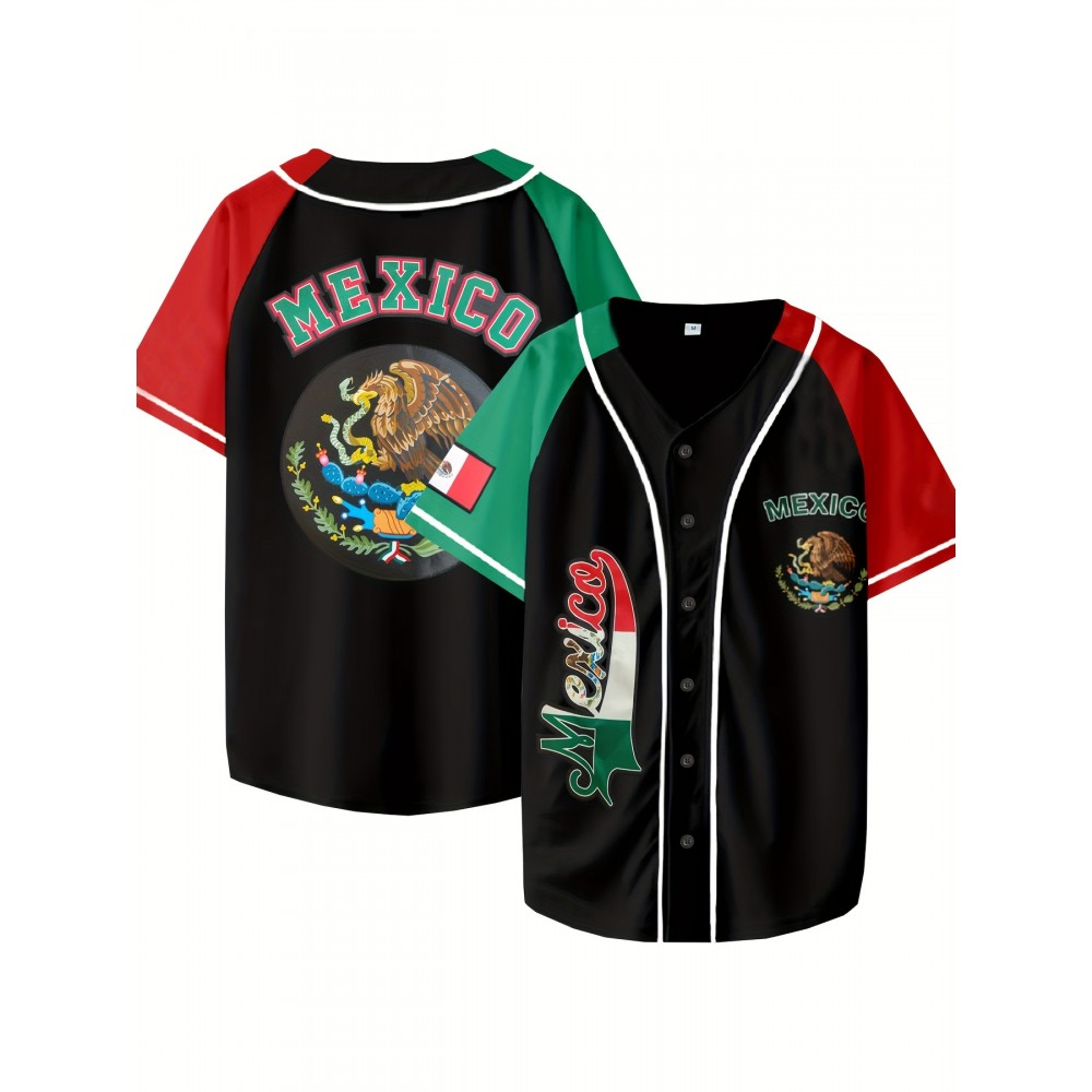 Men's Mexican Style Baseball Jersey - Retro Mexico Letter & Eagle Patriotic Design, Breathable V-Neck Button-Up Shirt with Raglan Sleeves, Loose Fit for Sports, Parties & Casual Wear, Cultural Event Attire, Detailing