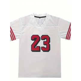 Men's White #23 Breathable Rugby Shirt - Embroidered American Football Design, V-Neck Short Sleeve Training Top with Red Accents, Loose Fit for Sports, Casual & Outdoor Activities, Rugby Jersey