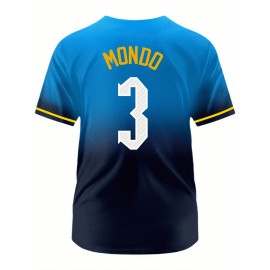 Men's Gradient Color #3 Baseball Shirt - Loose Fit V-Neck Short Sleeve with Embroidered Lettering, Breathable Sportswear for Casual Streetwear, Outdoor Activities & All-Season Comfort (Machine Washable), Athletic Leisurewear, Durable Sportswear