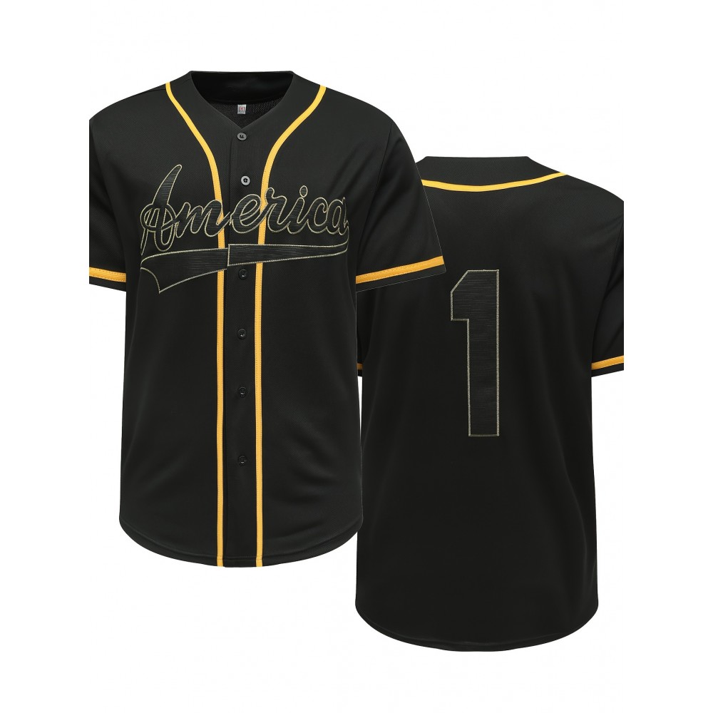 Men's Classic Black #1 Baseball Jersey, 100% Polyester V-Neck Sports Shirt with Embroidered Alphabet Design, Button Closure, Breathable Knit Fabric for Training & Competition, Casual Outdoor Wear, SHLUCKI