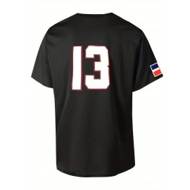 Men's Dominican #13 Baseball Jersey - Classic Retro Black with Colorful Flag & Bold Letter Embroidery, Breathable Polyester V-Neck Short Sleeve, Loose Fit Button-Up Shirt for Training, Competition, Casual & Holiday Events, Detailing