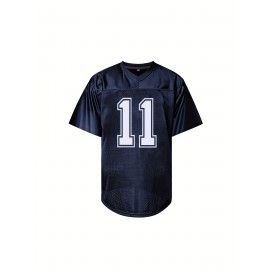 Men'S #11 Deep Blue Breathable Rugby Jersey - V-Neck, Short Sleeve, Classic Embroidered American Football Shirt for Training & Matches