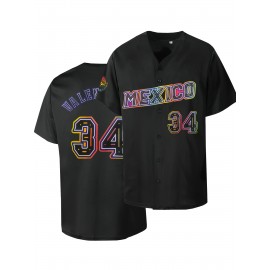 Men's Mexico #34 Black Baseball Jersey - Retro Letter & Number Design, Breathable V-Neck Button-Up Shirt, Loose Fit Short Sleeve for Training, Competition, Casual & Holiday Wear, Quality Embroidery Detail, Best for Christmas, Perfect for Thanksgiving
