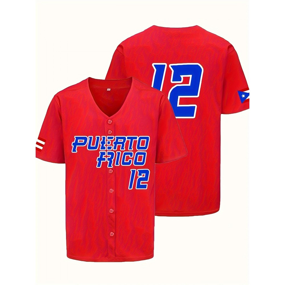 Men's PUERTO RICO Red #12 Baseball Jersey - Retro V-Neck Breathable Short Sleeve Shirt, Loose Fit for Training, Competition & Casual Wear, All-Season Comfort, Puerto Rico Shirt, Sports Apparel, Sporty Vneck Tee, Machine Washable Fabric