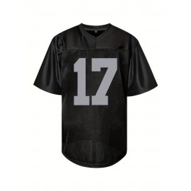 Men'S Black #17 Breathable Rugby Jersey, Sports V-Neck Short Sleeve Training Shirt, Classic Embroidered American Football Style, Loose Fit for Adult, All-Season Wear, Casual Events, Festive Occasions, and Team Sport