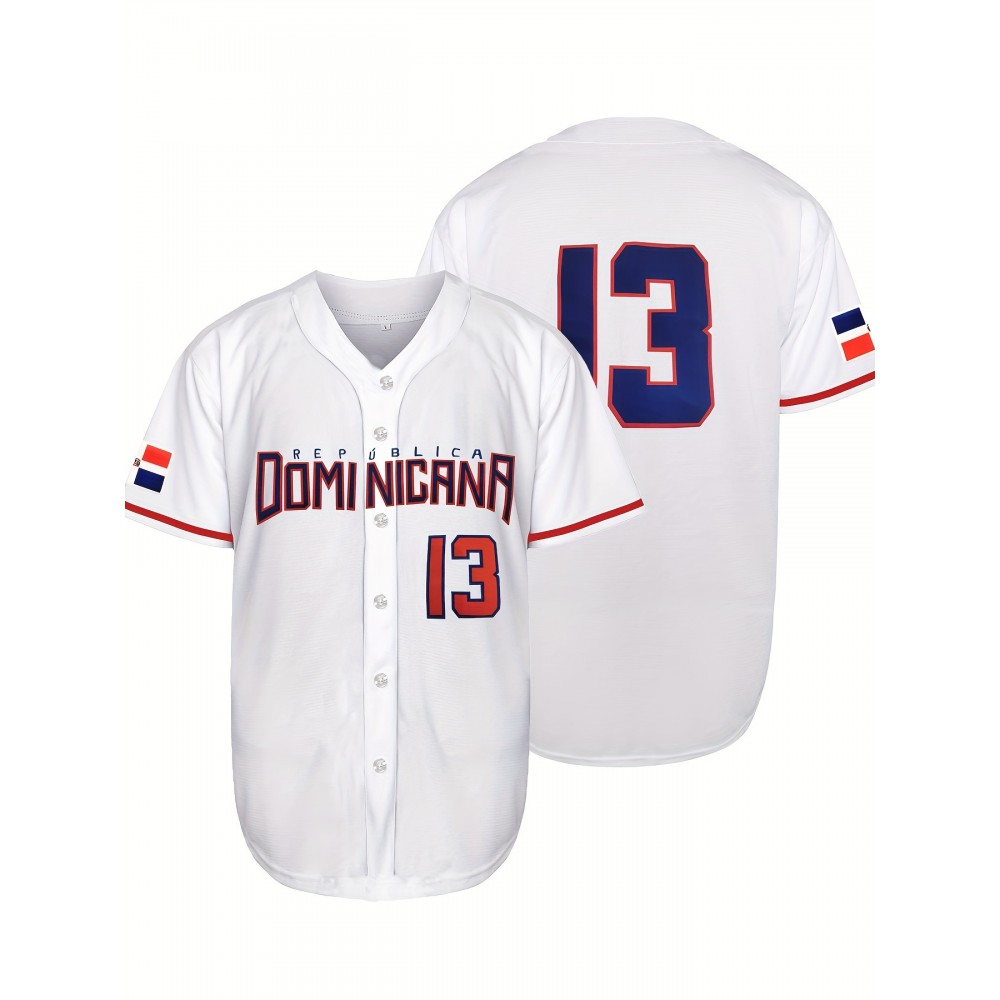 Men'S Dominican #13 White Baseball Jersey - Classic Retro Design, Breathable Polyester Short Sleeve Shirt for Sports, Training & Casual Wear