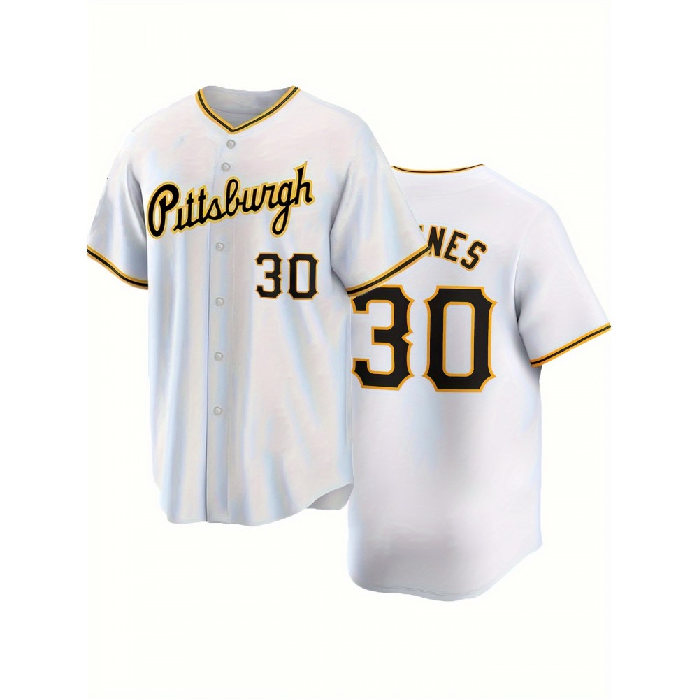 Men'S Pittsburgh #30 White Polyester Baseball Jersey - Sports V-Neck with Embroidered Letters & Numbers, Short Sleeve, Slight Stretch, Four Seasons Wear for Casual or Sports Occasions, Loose Fit Knit Fabric Tops