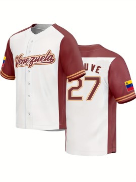 Venezuela And Number 27 Embroidery, Men'S Short Sleeve V-neck Baseball Jersey, Comfy Top For Summer Sport