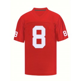 Men's Red #8 Embroidered Rugby Shirt - Breathable 100% Polyester V-Neck Short Sleeve, Loose Fit Training & Casual Sports Top for All-Season Outdoor, Parties, Festivals