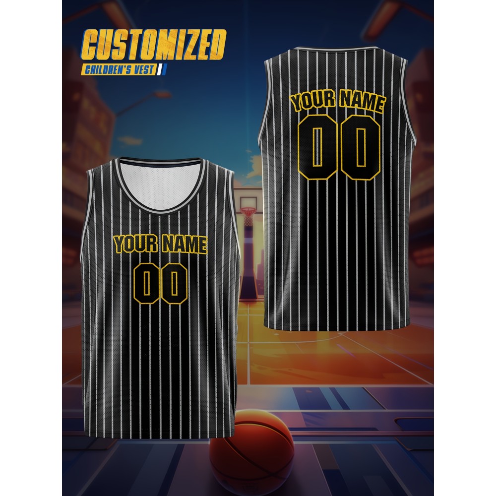 Boys Loose & Breathable Custom Sleeveless Basketball Jersey Shirt, Personalized Striped Top For Sports & Exercise