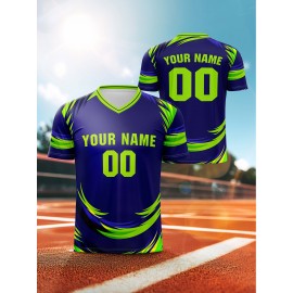 [Customizable Jersey] Personalized Comfortable Polyester Youngsters' V-Neck Football Jersey | Customizable Name & Number, Ideal for Sports & Outdoor Activities, Machine Washable - Blue with Yellow Accents, Youth Football Accessories