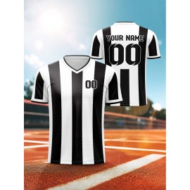 [Custom Football Jersey] Customizable Breathable 2024 Kids' V-Neck Football Jersey | Black & White Stripes with Full-Body Print for Soccer, Sports & Casual Wear - Machine Washable, Spring/Fall, Sports Team Apparel, Comfortable Fit Shirt