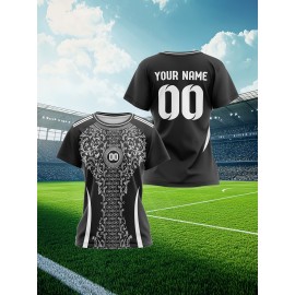 Personalized Women'S Plus Size Soccer Jersey - Custom Name & Number, Black with White Floral Design, Breathable Summer Sports T-Shirt for Casual or Team Wear, Soccer Shirts, Team Uniform, Detailed Print, Quality Print Shirt