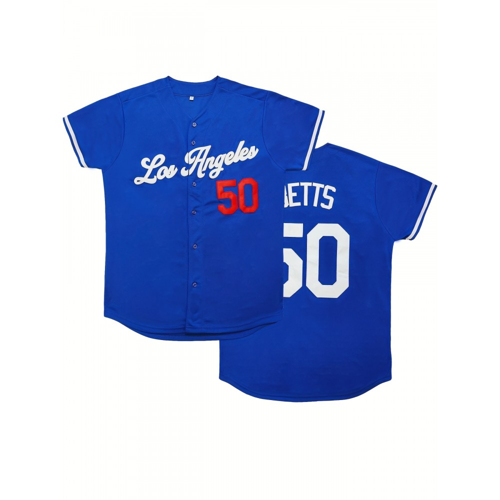 Letter And Number 50 Embroidery, Men'S Short Sleeve V-neck Baseball Jersey, Comfy Top For Training And Competition