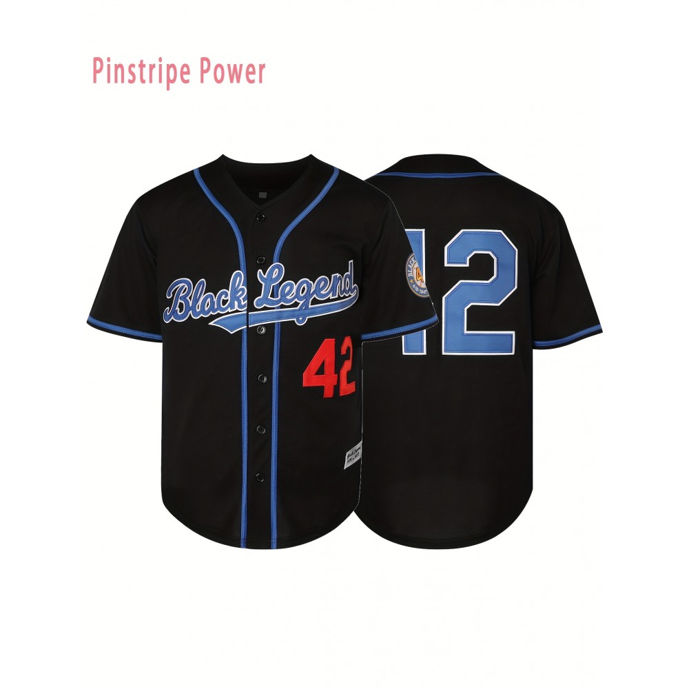 Men's #42 Black Loose Fit Baseball Jersey - V-Neck Button-Up Shirt with Pinstripe Design for Training, Sports & Casual Wear (Sizes S-3XL)