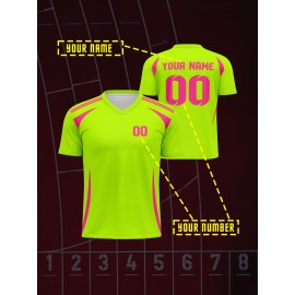 1pc Customizable V-Neck Soccer Jersey for Kids - 100% Polyester Knit Fabric, All-Over Print, Personalized Name & Number, Regular Fit for Boys & Girls, Ideal for Sports, Casual Wear & Outdoor Activities - Spring/Summer/Fall Collection