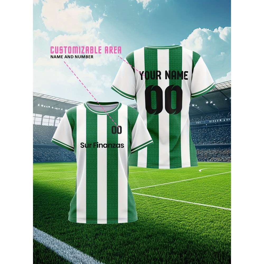 Custom Soccer Jersey Personalized with Name & Number - Green & White Striped Football Shirt, Non-Stretch Fabric for Soccer, Baseball, Gym, Team Uniforms - Custom Sports Apparel for Players & Fans, Outdoor Sports Gear, Striped Design, Summer Sportswear